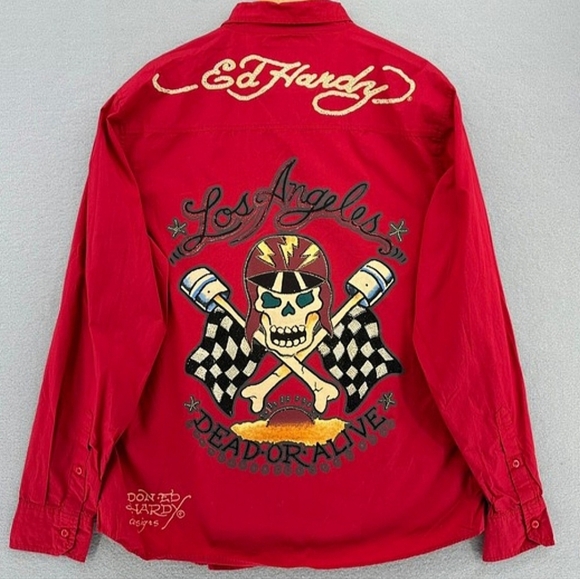 Ed Hardy Other - VINTAGE ED HARDY RED BUTTON DOWN SHIRT. MENS (L) DEAD OR ALIVE BLING ☆RARE☆
